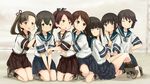  abe_kanari arm_around_shoulder ayanami_(kantai_collection) black_eyes black_hair blush boots braid brown_eyes brown_hair creator_connection fubuki_(kantai_collection) hair_ribbon hands_on_shoulders hatsuyuki_(kantai_collection) hug isonami_(kantai_collection) kantai_collection kneeling long_hair miyuki_(kantai_collection) multiple_girls official_style one_eye_closed ribbon school_uniform serafuku shibafu_(glock23)_(style) shikinami_(kantai_collection) shirayuki_(kantai_collection) short_sleeves side_ponytail sitting skirt sleepy smile tears twin_braids twintails 