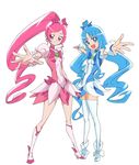  :d absurdres blue_choker blue_eyes blue_hair boots bow choker cure_blossom cure_marine full_body hair_bow hair_ornament hairpin hanasaki_tsubomi heartcatch_precure! highres knee_boots kurumi_erika long_hair magical_girl makacoon multiple_girls open_mouth outstretched_arms pink_bow pink_choker pink_eyes pink_hair ponytail precure ribbon shoes skirt smile spread_arms thighhighs white_background white_legwear wrist_cuffs zettai_ryouiki 