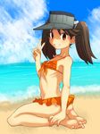  :d @@@ bad_id bad_pixiv_id beach bikini brown_eyes brown_hair cloud day feet grin hat kantai_collection long_hair looking_at_viewer ocean open_mouth outdoors ryuujou_(kantai_collection) sky smile solo swimsuit twintails v water 