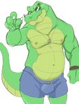  belly biceps bulge canson chubby clothing crocodile eyewear front grin looking_at_viewer male muscles necklace plain_background pointing reptile scalie shorts solo sunglasses topless white_background 