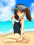  @@@ bad_id bad_pixiv_id beach brown_eyes brown_hair cloud day hat kantai_collection long_hair looking_at_viewer name_tag ocean one-piece_swimsuit outdoors ryuujou_(kantai_collection) school_swimsuit sky solo swimsuit twintails v water wavy_mouth 