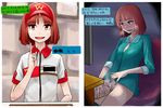  bottle bottomless clothes_writing commentary_request employee_uniform fast_food_uniform hagaa original pee peeing peeing_in_bottle polo_shirt poopsock red_eyes red_hair shirt short_hair translated uniform visor_cap 