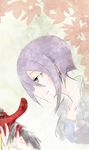  autumn_leaves benten-sama_(uchouten_kazoku) blue_shirt collarbone dress_suit earrings gradient gradient_background highres holding jacket jewelry kc_(babyface11922) leaf mask profile purple_hair shirt short_hair smile solo tengu_mask uchouten_kazoku white_jacket 