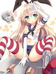  :o black_panties blonde_hair blush boots elbow_gloves gloves green_eyes grey_footwear hairband kantai_collection long_hair looking_at_viewer midriff morinaga_kobato navel panties rensouhou-chan shimakaze_(kantai_collection) sitting solo star starry_background striped striped_legwear thighhighs underwear 