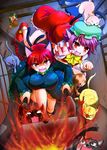  breasts brown_hair cart cat cat_tail chen crossover fang felyne highres kaenbyou_rin large_breasts monster_hunter multiple_girls nail_polish paw_pose pushcart red_eyes red_hair red_nails tail touhou yazuki_gennojou 