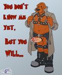  bondage_gear boots canine chubby dog genital_piercing grin harness leather looking_at_viewer male mammal mcgruff musclegut muscles nipple_piercing nipples pecs penis penis_piercing piercing presenting prince_albert solo text trenchcoat uncut vein wolfblade 