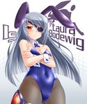  animal_ears blue_leotard blush breasts bunny_ears bunnysuit character_name cleavage copyright_name covered_navel crossed_arms detached_collar eyepatch highres infinite_stratos laura_bodewig leotard long_hair medium_breasts okitakung pantyhose red_eyes silver_hair solo 