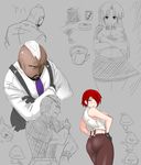  2girls asamiya_athena ass black_gloves breasts collage covering covering_breasts dark_skin gloves hair_over_one_eye hands_on_hips large_breasts mature mohawk multiple_boys multiple_girls okyou pants ramon_(kof) red_eyes red_hair seth_(kof) short_hair sketch suspenders the_king_of_fighters vanessa_(king_of_fighters) white_hair 