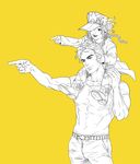  1girl akira_atsushi carrying child double_bun father_and_daughter hat jojo_no_kimyou_na_bouken kuujou_jolyne kuujou_joutarou monochrome pointing shoulder_carry younger 