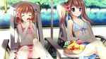  1boy 1girl apple banana blush bowl brown_hair chair crossdressing eyes_closed flower food fruit game_cg grape grapes highres inui_yuki kimishima_ao mango miyama_mizuki navel otome_ga_tsumugu_koi_no_canvas otome_ga_tsumugu_koi_no_canvas_futari_no_gallery purple_eyes short_hair swimsuit trap twintails 