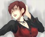  breasts brown_eyes brown_hair choker earrings jewelry large_breasts lipstick makeup ogawa_shuusuke parted_lips ribbon_choker short_hair solo the_king_of_fighters upper_body vice waistcoat 
