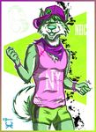  bandanna baseball_cap border bracelet bulge clothing cyan_nose cyan_tongue ear_tuft fluffy_tail fur green_bottomwear green_fur hat jewelry kcee niic open_mouth pawprint pink_topwear shirt shirt_logo shorts tuft 