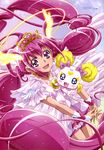  :d absurdres bow brooch candy_(smile_precure!) choker crown cure_happy dress earrings hair_ornament highres hoshizora_miyuki jewelry kawamura_toshie long_hair looking_at_viewer magical_girl mascot official_art open_mouth pink pink_bow pink_choker pink_eyes pink_hair pink_shorts pink_skirt precure princess_form_(smile_precure!) shorts skirt smile smile_precure! twintails ultra_cure_happy very_long_hair white_dress 
