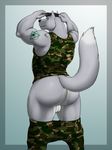  anthro back_turned backsack balls biceps big_butt big_muscles black_nose butt camo canine clothed clothing fur grey_fur hat looking_at_viewer looking_back male mammal military muscles pants pants_down plain_background solo standing tattoo undressing vamplust wolf 