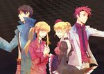  3boys afuroya androgynous beatrice blonde_hair blue_eyes brown_hair bug butterfly checkered checkered_background choker closed_eyes coat cravat dress hair_bun insect multicolored_hair multiple_boys necktie open_mouth ponytail red_eyes red_hair smile streaked_hair two-tone_hair umineko_no_naku_koro_ni ushiromiya_battler ushiromiya_lion wide_sleeves willard_h_wright yellow_eyes 