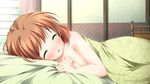  1girl bed blush brown_hair chair eyes_closed flower game_cg highres inui_yuki kimishima_ao otome_ga_tsumugu_koi_no_canvas otome_ga_tsumugu_koi_no_canvas_futari_no_gallery pillow short_hair 