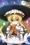  bad_id bad_pixiv_id blonde_hair blurry bokeh braid crescent crescent_moon croissant curiosities_of_lotus_asia depth_of_field fingerless_gloves food gloves hat highres kirisame_marisa long_hair looking_at_viewer moon short_sleeves side_braid single_braid solo soratoa star touhou white_gloves witch_hat yellow_eyes 