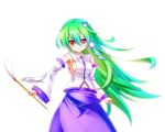  average bare_shoulders breasts detached_sleeves frog_hair_ornament gohei green_hair hair_ornament hair_tubes kochiya_sanae long_hair medium_breasts red_eyes sideboob snake solo touhou very_long_hair 