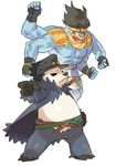  clothed_pokemon coat cosplay crossover darehound fingerless_gloves gen_1_pokemon gen_6_pokemon gloves hat jojo_no_kimyou_na_bouken kuujou_joutarou kuujou_joutarou_(cosplay) leaf look-alike machamp mouth_hold multiple_arms multiple_belts no_humans open_clothes open_coat panda pangoro parody pointing pointing_forward pokemon pokemon_(creature) shoulder_pads stand_(jojo) star_platinum star_platinum_(cosplay) straw_(stalk) tiara 