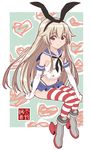  amano_yoki blonde_hair blush_stickers boots elbow_gloves gloves green_background green_eyes grey_footwear hairband heart highres kantai_collection long_hair looking_at_viewer midriff navel shimakaze_(kantai_collection) sitting solo striped striped_legwear thighhighs 