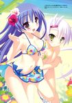  2girls beach bikini blue_hair brown_eyes flower hair_flower hair_ornament highres kannagi_rei lillian long_hair multiple_girls short_hair swimsuit twinkle_crusaders twinkle_crusaders_-passion_star_stream- white_hair yellow_eyes 