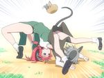  animal_ears ass basket black_panties blue_eyes braid commentary_request flexible german_suplex grey_hair hat hong_meiling jewelry legs_over_head long_hair motion_lines mouse mouse_ears mouse_tail multiple_girls nazrin panties pendant red_hair shirosato short_hair spread_legs star striped striped_panties suplex tail thighs touhou twin_braids underwear 