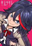  blue_eyes blue_hair hands_in_pockets highres inuyou jacket kill_la_kill letterman_jacket looking_at_viewer matoi_ryuuko perspective ribbon smile 