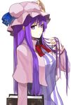  bad_id bad_pixiv_id book capelet crescent dress hand_in_hair hat highres long_hair long_sleeves looking_at_viewer miruto_netsuki patchouli_knowledge purple_eyes purple_hair solo striped striped_dress touhou very_long_hair 