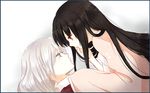  bad_id bad_pixiv_id black_hair green_eyes hand_on_another's_face houraisan_kaguya lips long_hair long_sleeves looking_at_another lying multiple_girls on_back profile red_eyes silver_hair simple_background sui_(camellia) touhou white_background wide_sleeves yagokoro_eirin yuri 