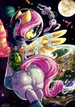  angel_(mlp) anus arthropod blue_eyes butt butterfly camel_toe carrot clothing dimwitdog duo equine female feral floating fluttershy_(mlp) friendship_is_magic fur hair hi_res horse insect lagomorph magic mammal moon my_little_pony pegasus pink_hair planet plant pony pussy rabbit space spacesuit tight_clothing white_fur wings yellow_fur 