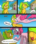  3mangos blush building comic cutie_mark dialog duo english_text equine female feral friendship_is_magic hair horse leaping mammal mango_(character) monochrome my_little_pony original_character outside pinkie_pie_(mlp) pony sweat text tongue tree walking 