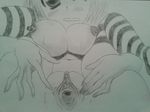  big_breasts blush drawing open pussy striped_stockings thighhigh uncensored 