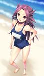  beach breasts cleavage hand_on_hip highres jun'you_(kantai_collection) kantai_collection large_breasts light_smile long_hair muhi11234 one-piece_swimsuit purple_eyes purple_hair sand school_swimsuit solo swimsuit thighs very_long_hair 