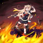  bad_id bad_pixiv_id black_legwear blonde_hair bow fire flame hair_bow hair_flaps hair_ornament hair_ribbon highres kantai_collection kneehighs lezt long_hair open_mouth pleated_skirt red_eyes remodel_(kantai_collection) ribbon school_uniform serafuku short_sleeves skirt smile solo yuudachi_(kantai_collection) 