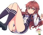  &gt;:( ahoge between_legs black_legwear blush cosplay costume_switch crossover enomoto_yuiko enomoto_yuiko_(cosplay) eyebrows frown hand_between_legs isshiki_akane isshiki_akane_(cosplay) kneehighs legs long_hair love_lab michairu multiple_girls national_shin_ooshima_school_uniform outstretched_arms red_eyes red_hair ribbon sakura_ayane school_uniform seiyuu_connection shoes short_hair short_shorts shorts twintails v-shaped_eyebrows vividred_operation white_background 