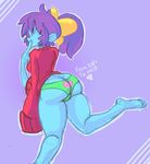  ass barefoot blue_skin borrowed_character butt_crack finger_to_mouth ghost green_panties highres long_hair marina_(noill) no_pants original panties ponytail purple_background purple_hair simple_background solo star_wolf sweater underwear 
