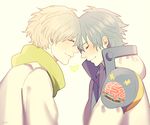  bad_id bad_pixiv_id blue_hair blush clear_(dramatical_murder) closed_eyes couple dramatical_murder forehead-to-forehead heart jacket male_focus mole multiple_boys scarf seragaki_aoba smile white_hair xxkjrr8xx yaoi 