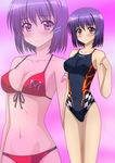  bare_shoulders bikini breasts competition_swimsuit covered_navel front-tie_top hair_ornament hairclip highres kenken medium_breasts mm! navel one-piece_swimsuit purple_eyes purple_hair red_bikini short_hair solo swimsuit thigh_gap yuuno_arashiko zoom_layer 