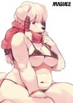  2018 absurd_res anthro big_breasts bikini black_nose bracelet breasts canine clothing dog female floppy_ears hair hi_res jewelry kemono kneeling long_hair looking_at_viewer magiace mammal navel nipple_bulge red_eyes scarf simple_background solo swimsuit white_background white_hair 