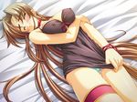  1girl aqua_panties bachou bed blush brown_hair cameltoe embarrassed eyes_closed game_cg koihime_musou long_hair panties underwear yatsuha_kanan 