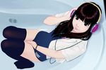  bathtub black_hair blue_eyes headphones long_hair original sakkan school_swimsuit swimsuit thighhighs 