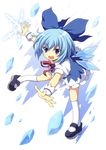  blue_eyes blue_hair bow cirno cross_(crossryou) hair_bow mary_janes shoes short_hair solo touhou wings 