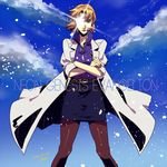  akagi_ritsuko bandages black_legwear blonde_hair cloud earrings elina_kuroe_no_daarin jewelry labcoat lens_flare mole mole_under_eye neon_genesis_evangelion pantyhose pencil_skirt short_hair skirt sky solo 