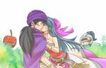  1girl bare_shoulders black_hair blue_hair blush bow bracelet chinyan choker closed_eyes dragon_quest dragon_quest_v dress earrings evil_apple flora grey_eyes hair_bow hero_(dq5) hetero husband_and_wife jewelry kiss long_hair pink_bow slime_knight surprised turban 