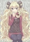  animal_ears blonde_hair green_eyes hiraga_matsuri horns long_hair looking_at_viewer pantyhose sheep_horns sitting solo very_long_hair 
