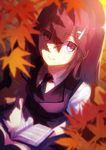  autumn autumn_leaves bangs blurry book depth_of_field from_above leaf original red_hair shadow smile solo uniform yasumo_(kuusouorbital) 