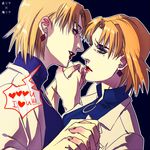  akagi_ritsuko blonde_hair dual_persona earrings elina_kuroe_no_daarin eye_contact green_eyes heart holding_hands jewelry lips looking_at_another mole mole_under_eye multiple_girls neon_genesis_evangelion red_eyes selfcest short_hair spoken_heart translated yuri 