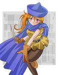  alena_(dq4) blush boots cape claw_(weapon) dragon_quest dragon_quest_iv dress earrings gloves hat jewelry long_hair orange_hair pantyhose red_eyes rian short_dress solo weapon 