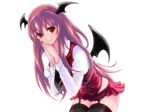  bat_wings black_legwear cnj_(artist) garter_straps hands_together head_wings koakuma long_hair miniskirt red_eyes red_hair simple_background skirt smile solo thighhighs touhou white_background wings 
