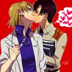  akagi_ritsuko blonde_hair blush book brown_hair closed_eyes earrings elina_kuroe_no_daarin glasses heart ibuki_maya jewelry kiss labcoat military military_uniform multiple_girls neon_genesis_evangelion sweat uniform yuri 